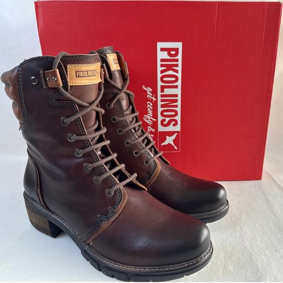 Pikolinos Ankle Boots San Sebastia EU40 US 9-9.5 Brown Leather Lace Up Side Zip - Picture 2 of 11